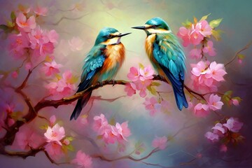 Colorful birds on tree branch with flowers. Generative AI