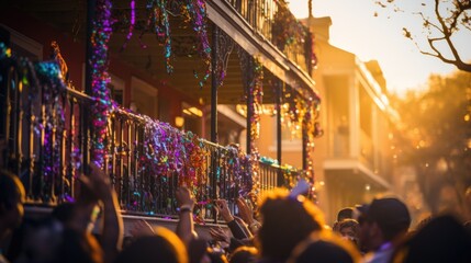 Mardi Gras beads and throws, caught by eager parade-goers, color and excitement. The beads hang from tree branches, railings, and hands, creating a festive and celebratory. generative ai - obrazy, fototapety, plakaty
