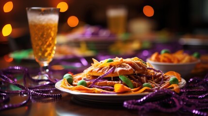 A delicious display of traditional Mardi Gras cuisine, including king cake, jambalaya, and beignets, arranged on a festive table. Dishes are adorned with purple, green, gold holiday. generative ai - obrazy, fototapety, plakaty