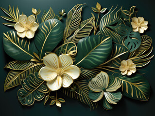 A nature green background with a luxury touch, featuring a floral pattern and line arts of the Golden split-leaf Philodendron and monstera plants.