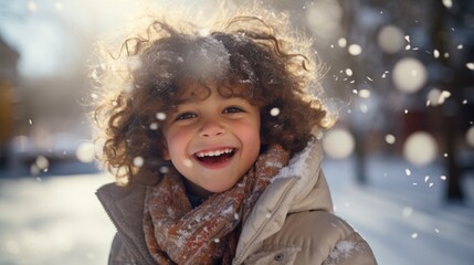 A delighted child, kid wrapped in a vibrant winter jacket, playing snow on a sunny winter season day. Winter sun child's rosy cheeks. Magical winter boy portrait. generative ai