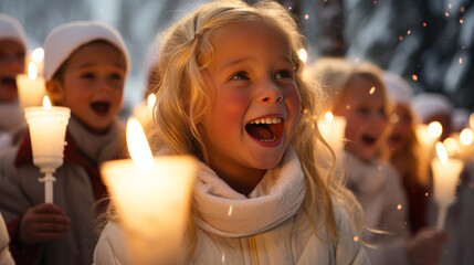A group of blonde children joyfully sings traditional St. Lucia Day songs while carrying candles and walking through a snow-covered forest. Wonder, smile and reverence for the holiday. generative ai - obrazy, fototapety, plakaty