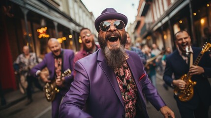 A group of enthusiastic musicians plays lively jazz music on the streets during Mardi Gras. Their instruments, including saxophones, trumpets, and trombones, festive. generative ai