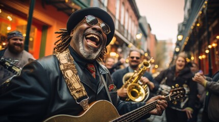 A group of enthusiastic musicians plays lively jazz music on the streets during Mardi Gras. Their instruments, including saxophones, trumpets, and trombones, festive. generative ai