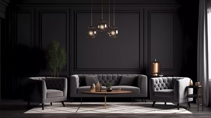 3d rendering modern dark-style interior living room design with luxury sofa.3d interior design.