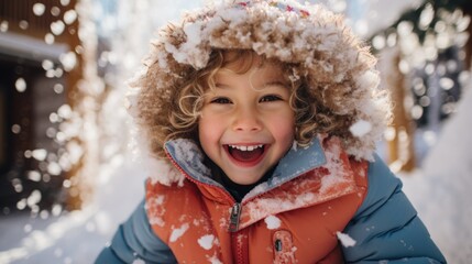 A delighted child, kid wrapped in a vibrant winter jacket, playing snow on a sunny winter season day. Winter sun child's rosy cheeks. Magical smile winter portrait. generative ai