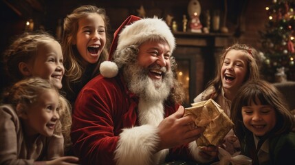 Obraz premium Children, wonder and excitement, eagerly reach into their St. Nicholas socks, Santa Claus happy new year. The expressions of joy and surprise. generative ai