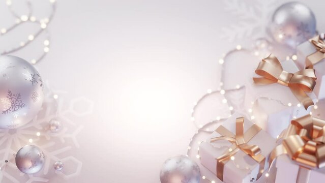 Christmas with Gift box, string light glowing decoration, snowflake on floor , Christmas ball, looped