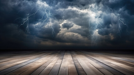 wooden empty floor display storm thunderstorm nature panorama  - by generative ai