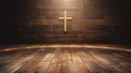 wooden empty floor display cross jesus christ god faith church - by generative ai