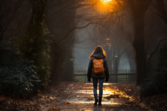 Young woman gracefully strolling through the enchanting rainy streets of the city at night