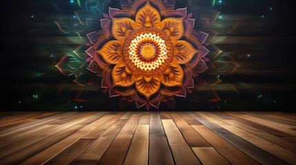 wooden empty floor display spiritual sacred geometry mandala flower - by generative ai