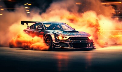 Car drifting, burning tires on speed track, Generative AI