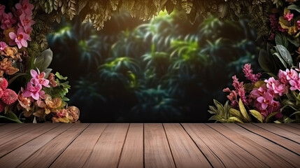 wooden empty floor display jungle rain forest nature - by generative ai