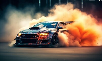 Fototapeta na wymiar Car drifting, burning tires on speed track, Generative AI