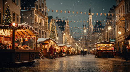View historic European town square adorned with St. Nicholas Day decorations. The square features a charming Christmas market, traditional stalls, and colorful lights. generative ai