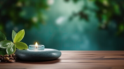 wooden empty floor display zen wellness spa serenity candle  - by generative ai - obrazy, fototapety, plakaty