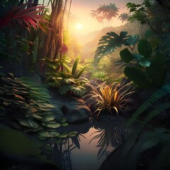 Beautiful jungle illustration with green plants and a small pond during sunset