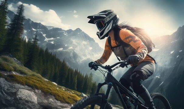 Mountain biking woman riding on bike in summer mountains forest landscape, Generative AI