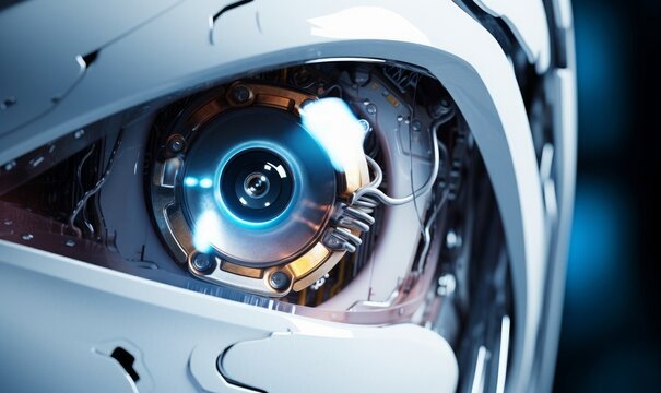 Close up eye of AI white robot, Generative AI