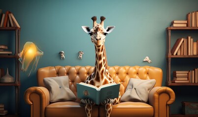girafe reading book on sofa, learning and knowladge and wisdom concept, Generative AI