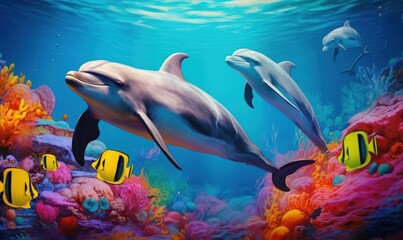 group of dolphins in colorful underwater, Generative AI