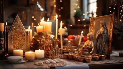 Fototapeta na wymiar A Three Kings Day altar adorned with religious icons, candles, and gifts in a traditional home. The soft, warm lighting emphasizes the spiritual significance of the day. The altar. generative ai