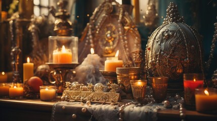 Fototapeta premium A Three Kings Day altar adorned with religious icons, candles, and gifts in a traditional home. The soft, warm lighting emphasizes the spiritual significance of the day. The altar. generative ai