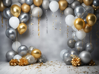 Festive gray background with gold and silver confetti and balls festive background. Celebrations party bithday