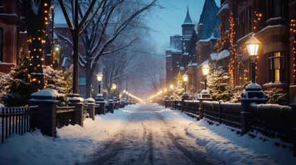 A winter street covered in a fresh blanket of snow, with softly glowing street lamps and historic architecture, creating a nostalgic and peaceful winter cityscape. generative ai - obrazy, fototapety, plakaty