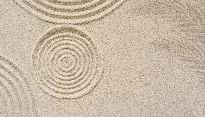 Fototapeta na wymiar Zen garden Japanese top view, Circle round sand background and shadow leaves, Meditation of Buddhism 