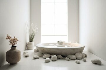 Spa with serene stone in a white room. Generative AI