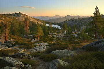 early morning light exposes the desolation wilderness, a protected area near lake tahoe, spread across sierra nevada mountains. Generative AI - obrazy, fototapety, plakaty