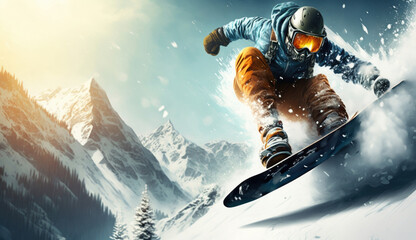 Snowboarder carving through fresh powder snow, mountain landscape, early morning, soft and warm natural lighting, dynamic action shot, winter sports. generative ai - Powered by Adobe