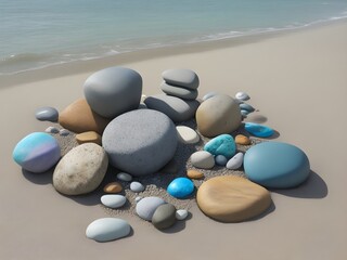 Fototapeta na wymiar Beach Stone Sculpture Illustrate a creative arrangement of stones on a beach