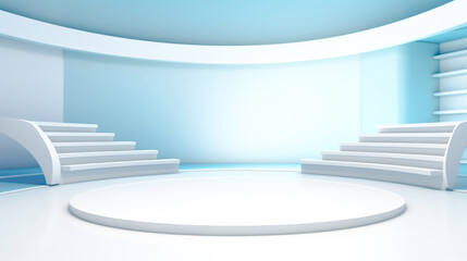 A white podium in a blue room, surrounded by shelves and lit by a spotlight. For art texture, presentation design or web design and web background. Generative AI.