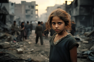 Fototapeta premium innocent kid in despair amid war-torn city - harsh realities of conflict