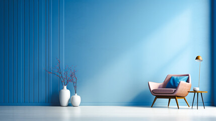 Luxury sofa chair in front of a blue wall. Abstract blue wall background, wall in a bright room, For art texture, presentation design or web design and web background. Generative AI.