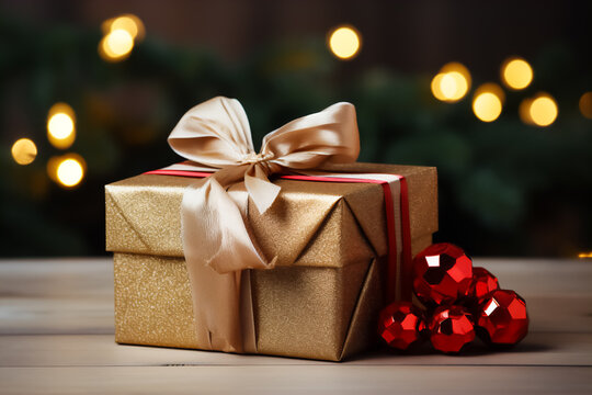 Image of gift box with bows. A gift box symbolizes a holiday, birthday, new year, Christmas. The image is suitable as a greeting card and congratulatory text.