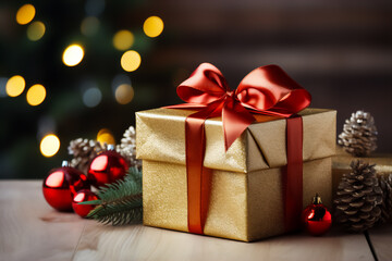 Image of gift boxes with bows. A gift box symbolizes a holiday, new year, Christmas. The image is suitable as a greeting card and congratulatory text.