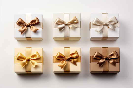 Image of boxes with bows on a white background. A gift box symbolizes a holiday, birthday, New Year, Christmas. The image is suitable as a greeting card and congratulatory text. 
