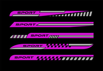 Sport car decal stripes, Car stickers pink striping. Isolated on black background - obrazy, fototapety, plakaty