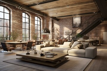 modern loft with bright lighting and light brick wall. Generative AI - obrazy, fototapety, plakaty