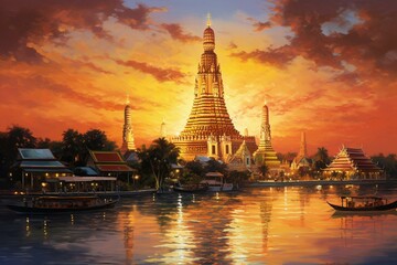 Obraz premium Sunset oil painting of Wat Arun temple, Bangkok landmark. Generative AI