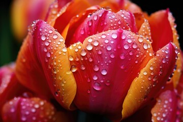 Close-up of dew-covered petals of a vibrant tulip flower.