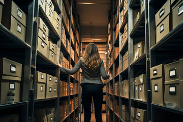 Woman Working in an Archive Full of Files and Shelves Searching for Documentation - obrazy, fototapety, plakaty