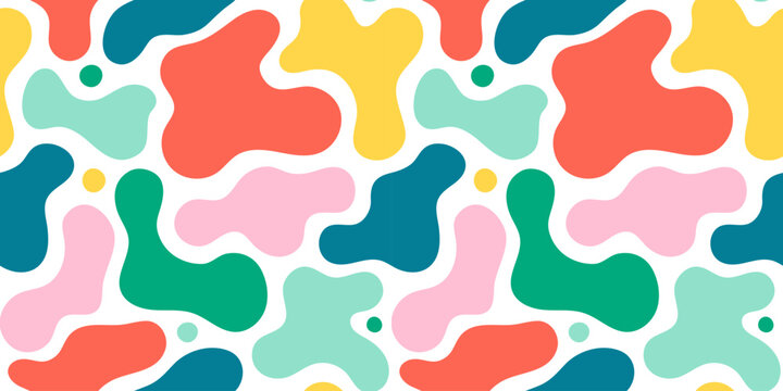 Colorful abstract organic shape print seamless pattern illustration in retro style. Trendy primary color background with creative drawing.