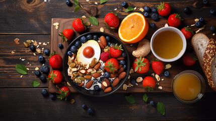 Obraz na płótnie Canvas Health breakfast on a wooden table flay lay