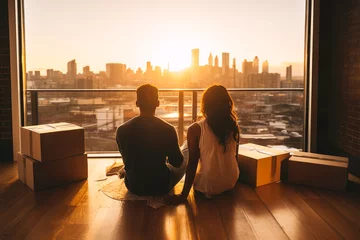 Raamstickers a young mixed ethnicity couple watches the sunset over the city from their new apartment © gankevstock
