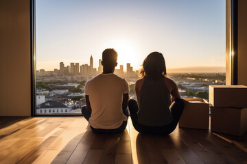 a young mixed ethnicity couple watches the sunset over the city from their new apartment